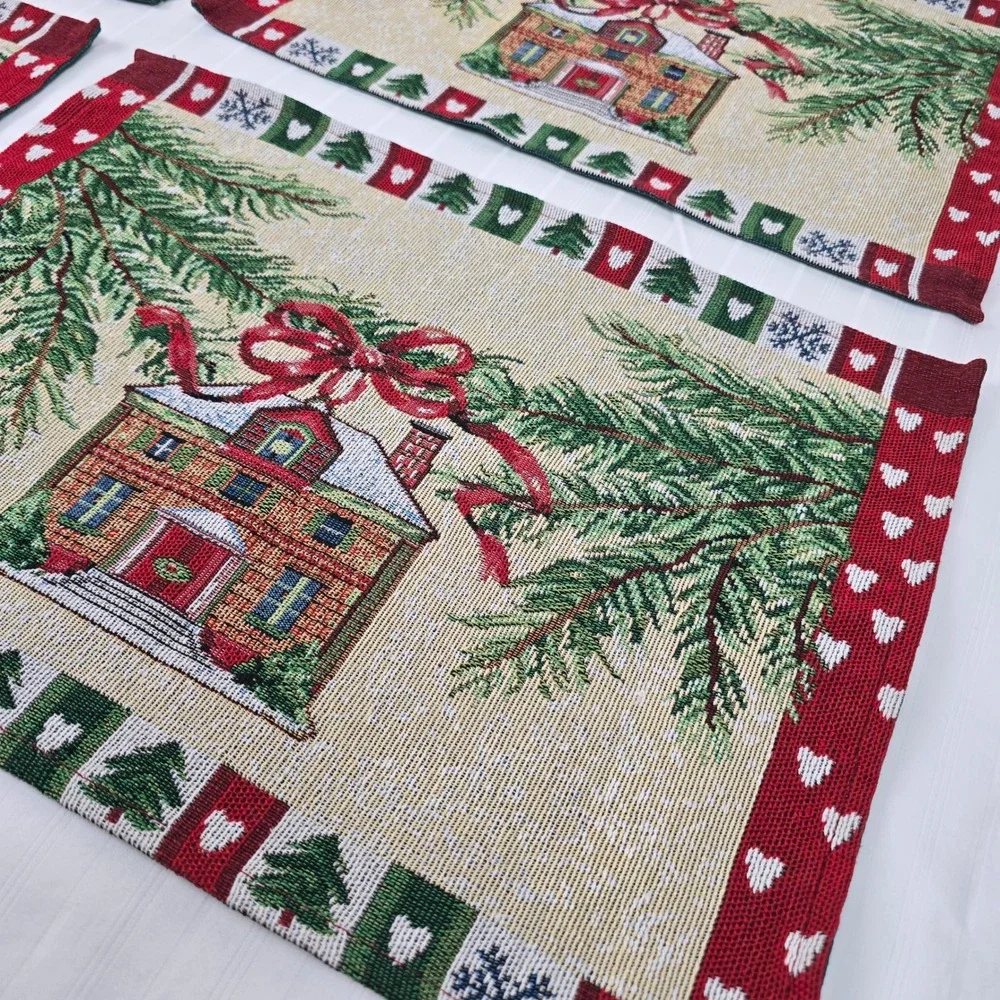 Vintage Christmas Tapestry Placemats Set Holiday Cottage Winter Decor 17.5x13